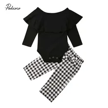 Коллекция года, брендовая клетчатая Одежда для новорожденных девочек Комбинезон с рюшами, топы с оборками, широкие штаны в клетку с бантом осенний комплект одежды из 2 предметов