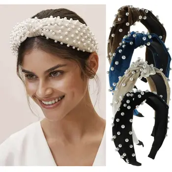 

Womens Pearl Headband Twist Hairband Bow Knot Tie Velvet Headwrap Hair Band Hoop