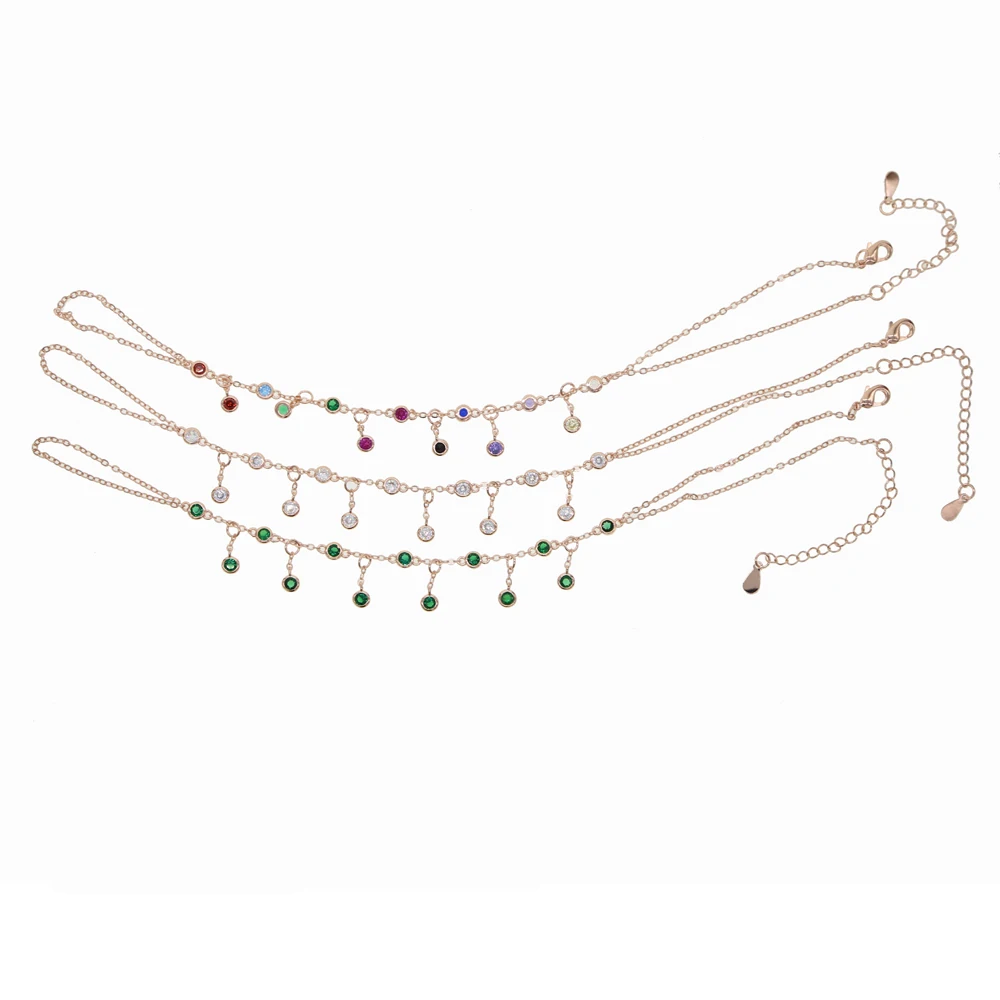 Розовое золото cz станция цепь cz падение браслет раб на цепи браслет белая Радуга зеленый камень элегантность для женщин ювелирные изделия