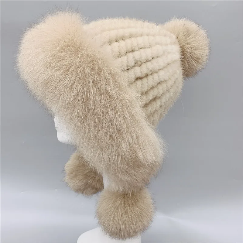 Зимние шапки из натурального меха норки для женщин, меховые шапки из лисьего меха с помпоном для защиты ушей, теплые вязаные меховые шапочки с подкладкой, модная Русская Шапка