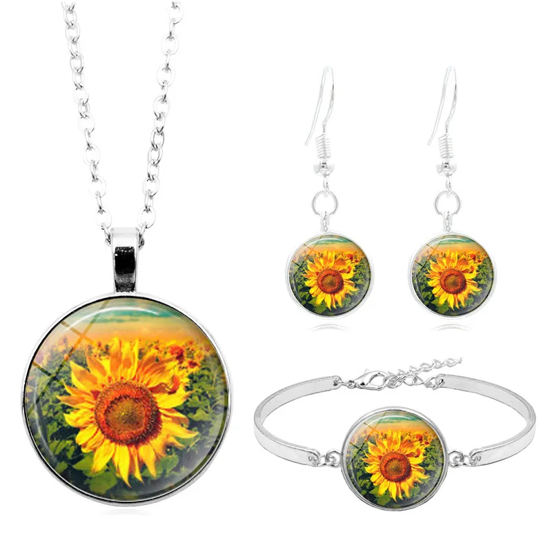 4Pcs/Set Fashion Jewelry Set Sunflower Art Photo Cabochon Glass Necklace Bracelet Earring Sets for Women Gift | Украшения и