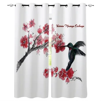 

Multi-size Hummingbird Flying To Red Flower Pattern Window Curtains Polyester Fabric Living Room Curtain Home Decor