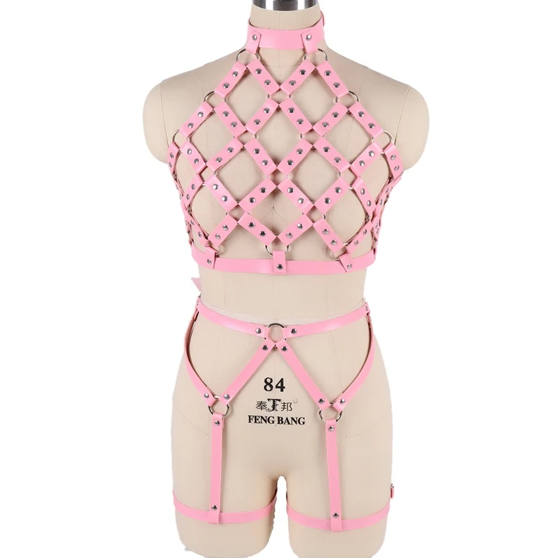 PG0239-PG0255pink Панк кожаный ремень безопасности Топ пентаграмма грудь для женщин тело в клетку ноги подтяжки отрегулировать фестиваль Pole Dance готика выдалбливают бюстье - Цвет: PG0239-PG0255pink