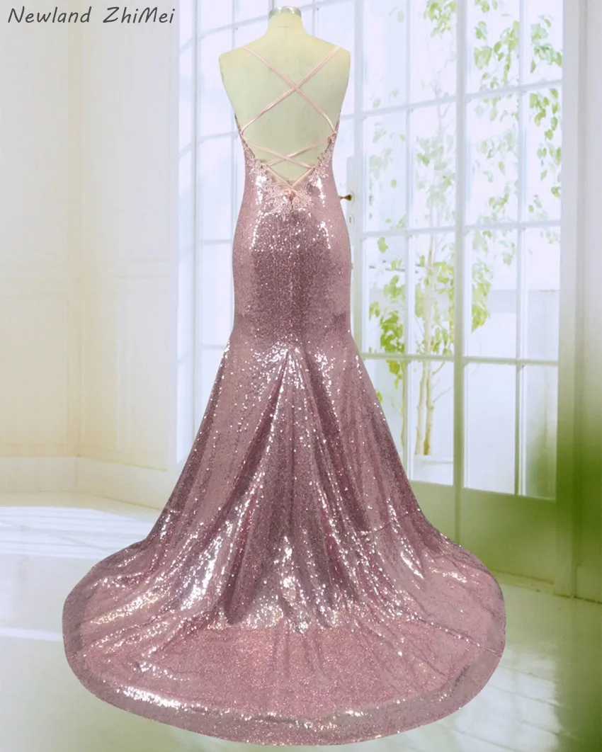 Newland ZhiMei Потрясающие блесток сексуальные платья знаменитостей Спагетти ремни Аппликация Длинные вечерние платья