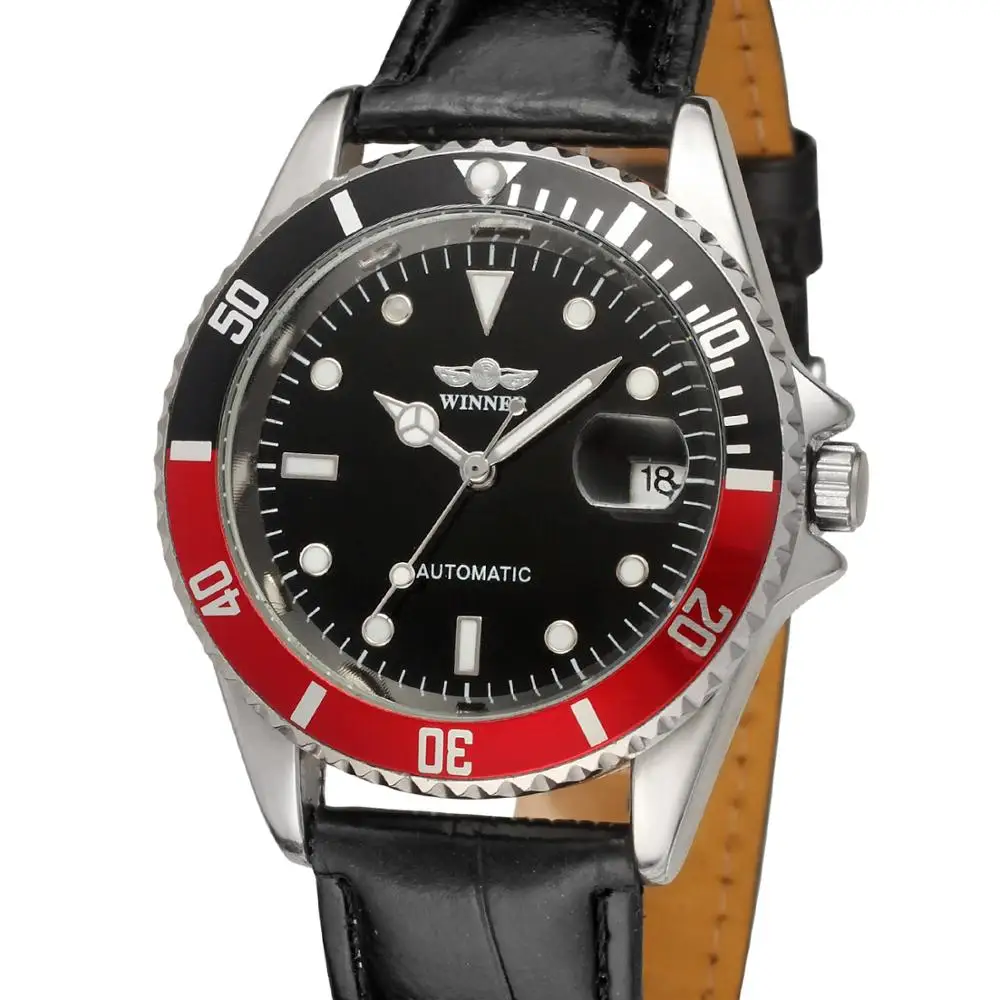 

WINNER 2019 Popular Brand Men Fashion Automatic Self Wind Watches Creative Silver Case Transparent Glass Auto Date Leather Band