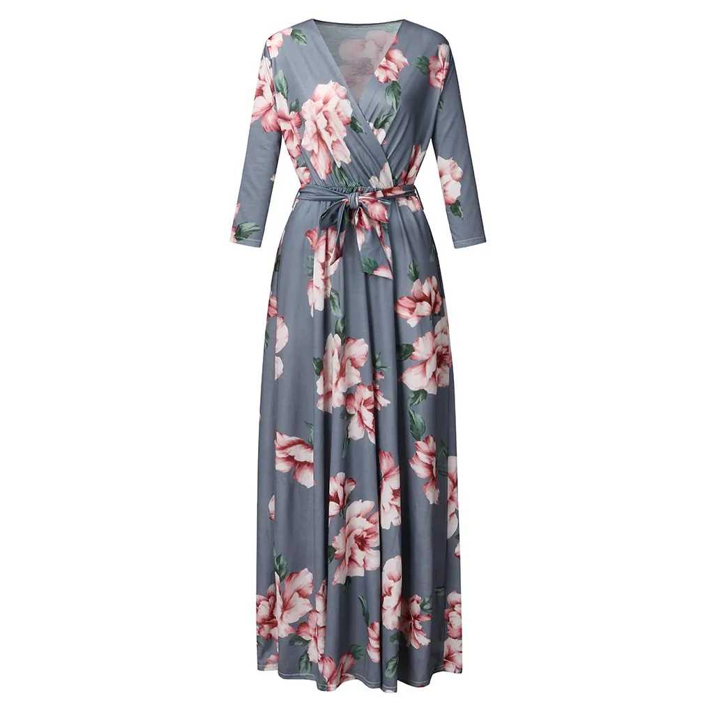 JAYCOSIN модное женское платье Элегантный цветочный принт Boho Повседневный 3/4 рукав v-образный вырез цветочный принт ed ремень Свободные Длинные повседневные платья