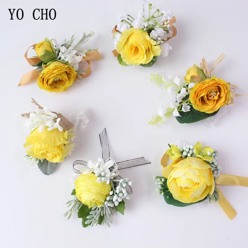 Boutonniere Flowers wedding wrist corsage flowers silk roses yellow  (55)