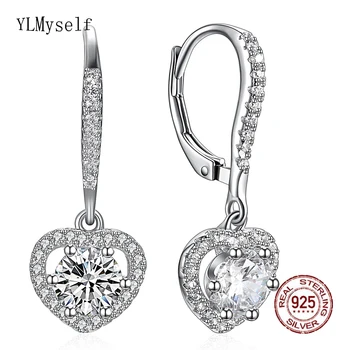 

Romantic gift for wife Real 925 sterling silver dangle earring jewelry shiny Crystal jewellery lovely heart 925 hook earrings