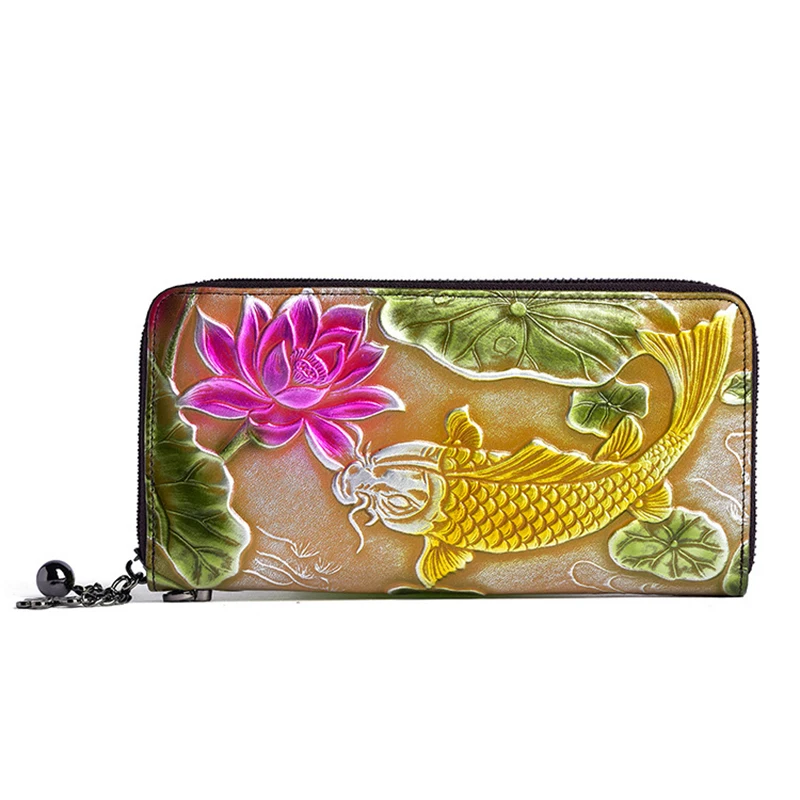 Женский длинный кошелек из натуральной тисненой кожи с цветочным рисунком, удобная сумка в китайском стиле, Стильный клатч на молнии, Женский кошелек на запястье