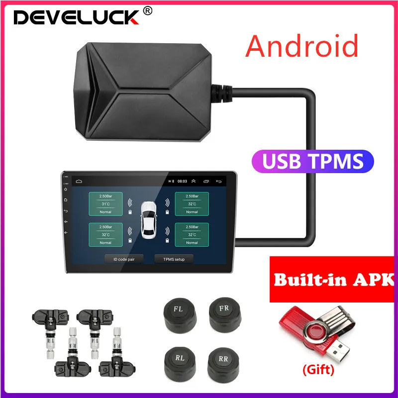 

USB Android TPMS Tire Pressure Monitoring System 5V Internal External For Android Navigation Car Radio Display TPMS Alarm System