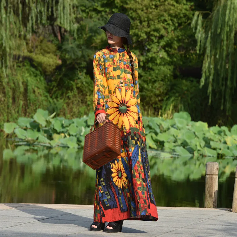 Gratis Verzending Chinese Stijl Losse Lange Maxi Katoen En Linnen Jurk Winter En Herfst Dikke Jurken Fleece Bloemenprint Gratis Verzending Chinese Stijl Losse Lange Maxi Katoen En Linnen Jurk Winter En Herfst Dikke Jurken Fleece Bloemenprint