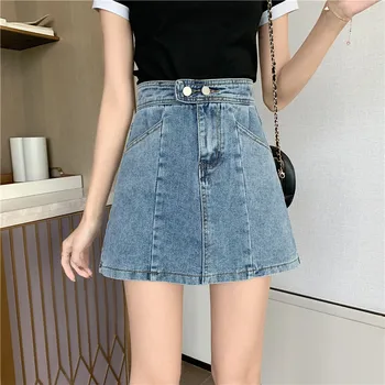 

Summer Denim Skirt Women High Waist Mini Skirt Vintage Pockets Two Buttons A-Line Korean Jeans Skirts Plus Size Retro Slim W635