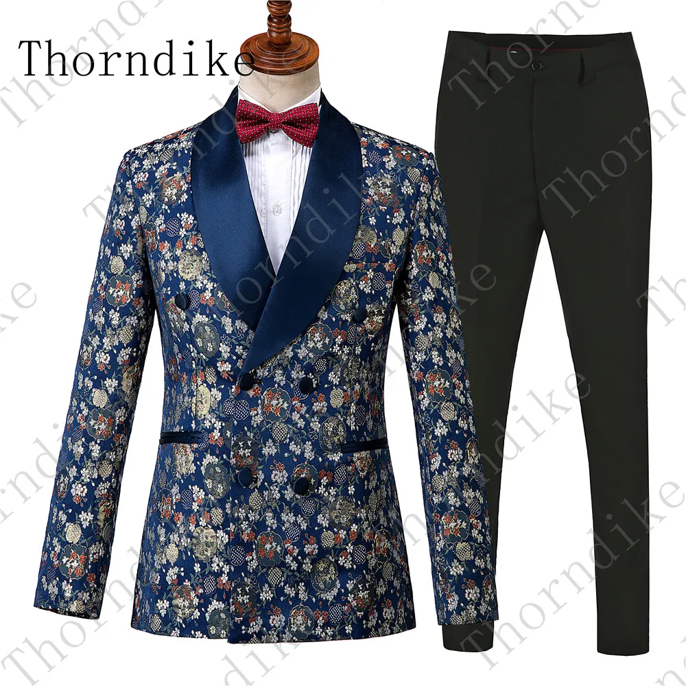 Thorndike Свадебный Мужской костюм Новое поступление вечерние платья двубортный темно-синий костюм Homme цветочный принт мужской костюм с брюками
