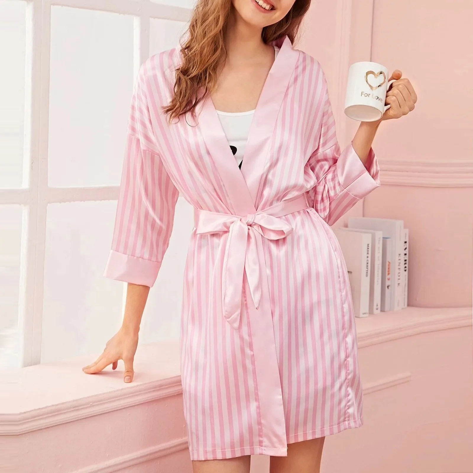 Satin Silk Robe Bathrobe Women Silk Pajamas Striped Printing Sleepwear Robes Sexy Robes Nightgown Pajamas халаты женские