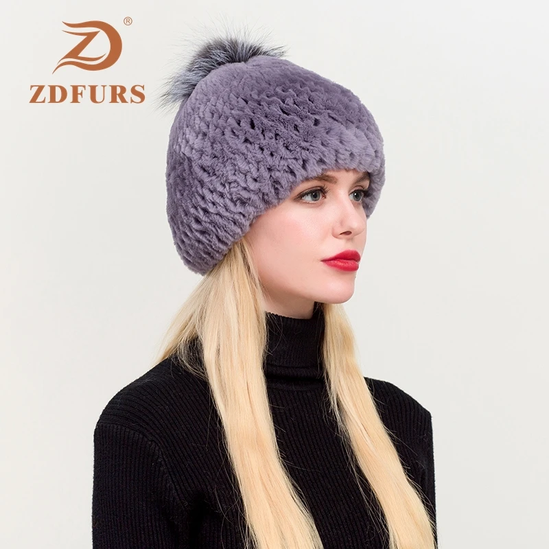 ZDFURS* Женский вязаный Настоящий мех кролика шапочки шапки Серебристые помпоны из лисьего меха кролика рекс шапка натуральный мех кролика рекс шапка - Цвет: grey