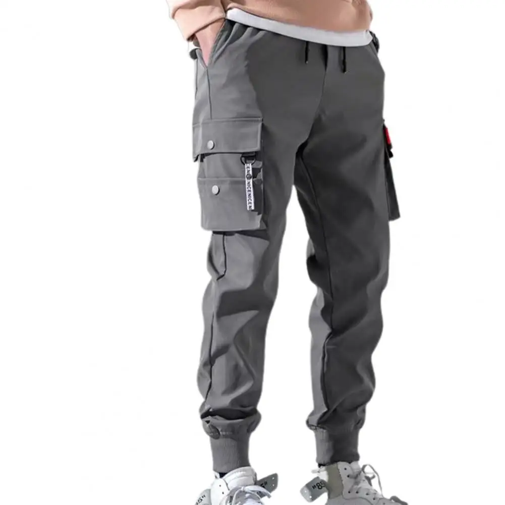 Men's Clothing Solid Color Drawstring Waist Trousers Cropped Multi-pocket Overalls Thin Male Men Beam Feet Cargo Pants for Daily grey track pants Sweatpants