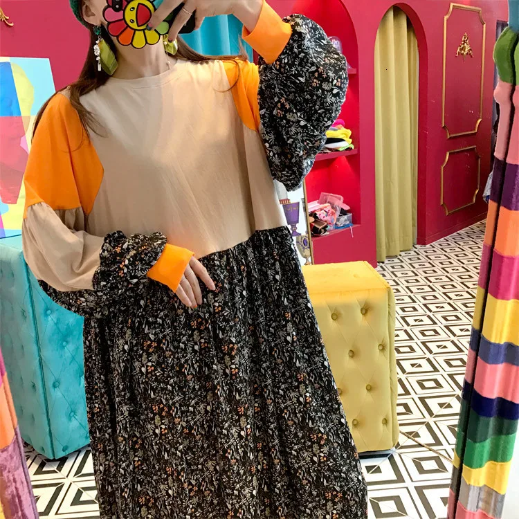 SHENGPALAE Новое весеннее лоскутное цветное свободное платье размера плюс vestidos с длинным рукавом и круглым воротником корейское модное женское платье FT136