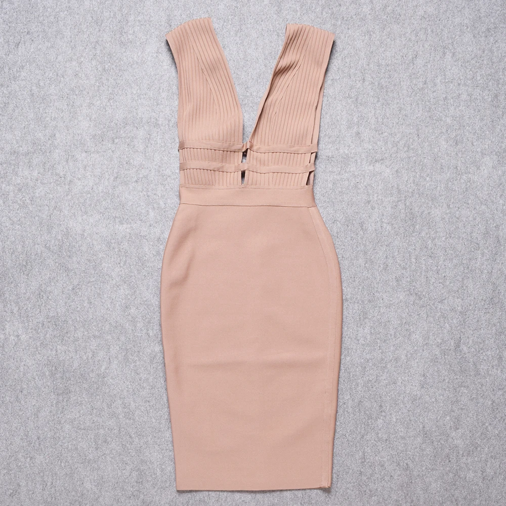 Новое модное сексуальное Бандажное платье до колен с глубоким v-образным вырезом и вырезом на спине розового цвета