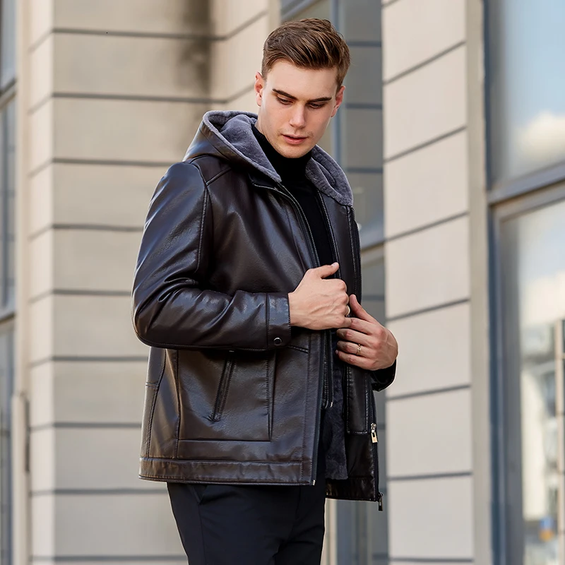 4XL XXXL XXL new sheepskin coat men genuine leather mens jacket park High quality Raccoon fur collar Hooded leather jacket