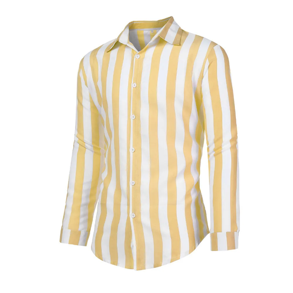 Мужская хлопковая льняная летняя Однотонная рубашка с длинным рукавом, Повседневная Свободная Удобная полосатая рубашка с отложным воротником, мужская одежда - Цвет: yellow