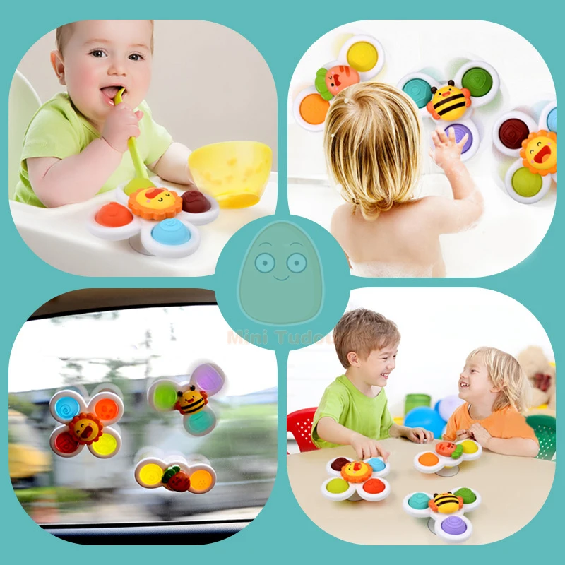 Baby Rattle Toys For 0-12 Months Soft Rubber Sucker Spinner Bathing Play Water Game Montessori Touch Sensory Grasping Gyro Set 3