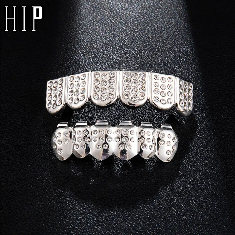 

Hip Hop 1Set Iced Out Bling Teeth Full Rhinestoned Teeth Grills Top & Bottom Clown Grills Set For Men Rapper Jewelry