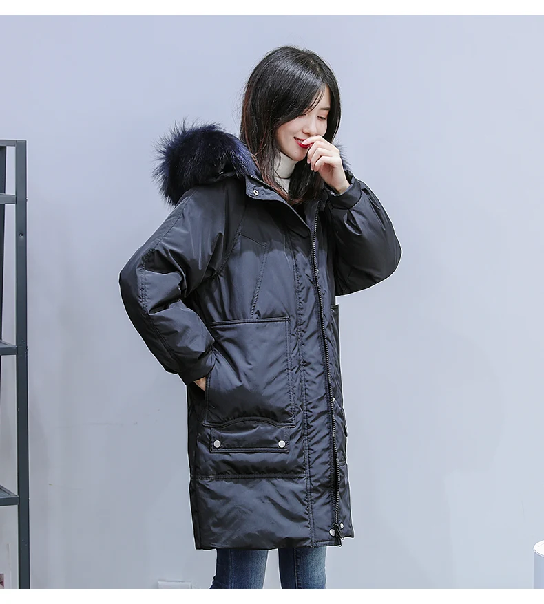 Fashion Winter Down Jacket Women Fox Fur Collar White duck down Coat Female Long Parka Ladies Elegant Outwear Hooded Coat