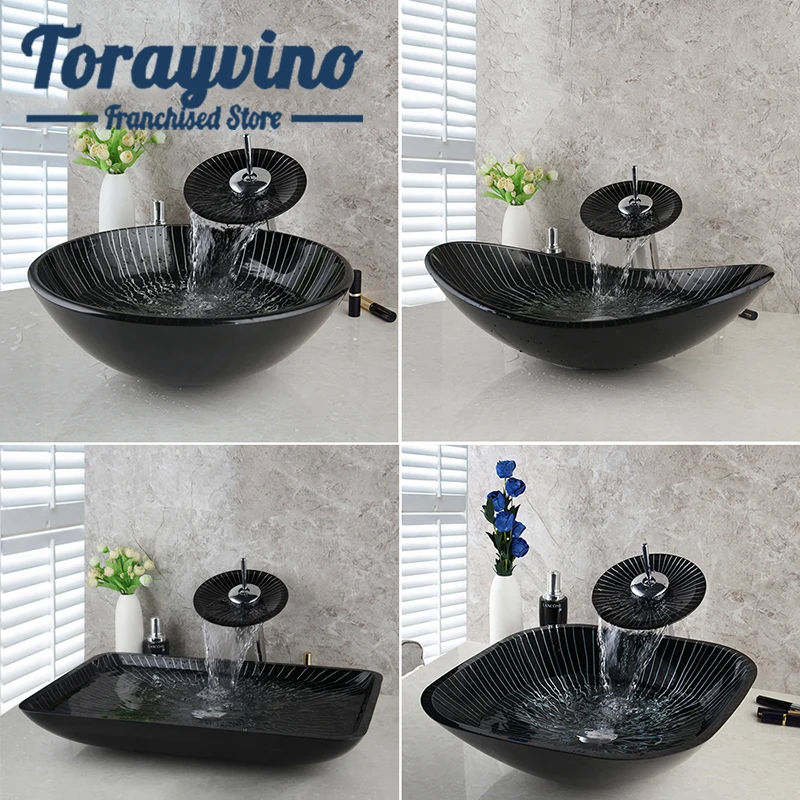 

Torayvino Bathroom sink set 4 shapes Glass Hand Painted wash basin single hole deck mount Waterfall faucet Cold & Hot Mixer tap