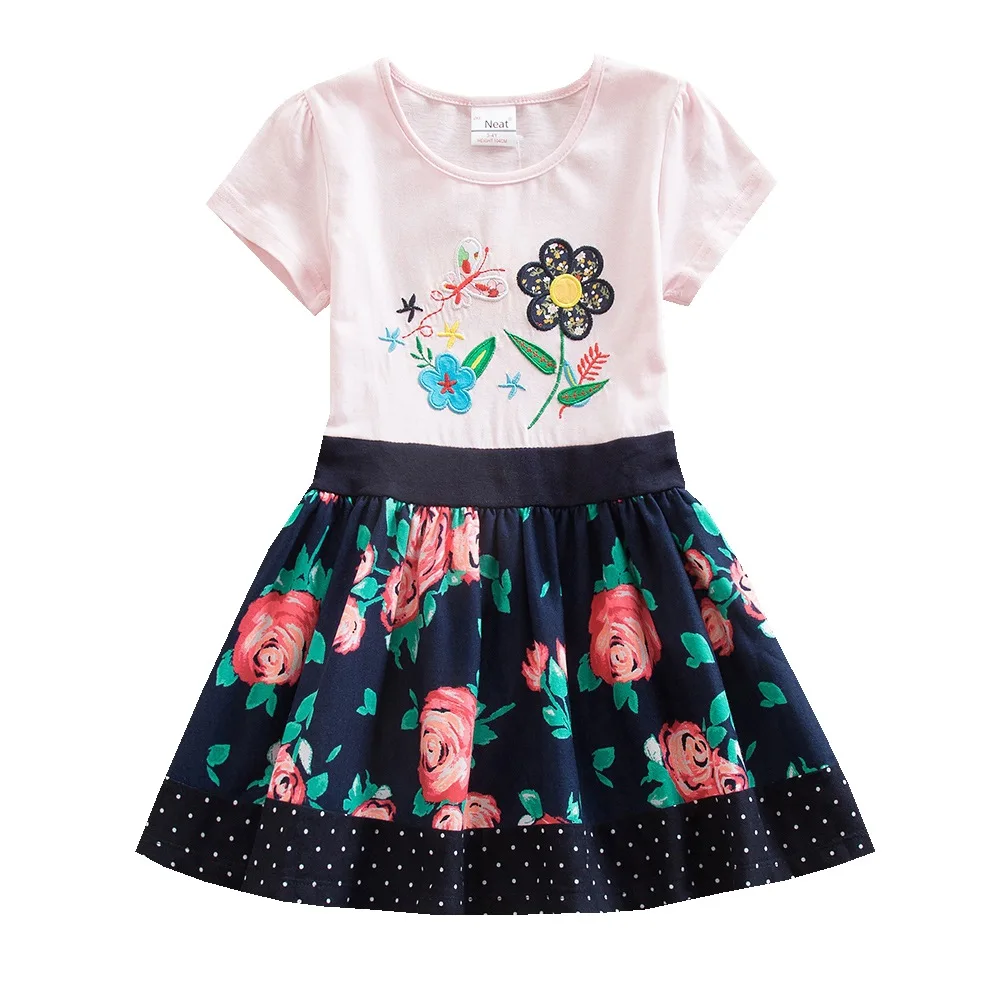 

Europe And America Childrenswear Summer New Style Starting Embroidery Flower Short-sleeved Dress for Girls Children Shirt