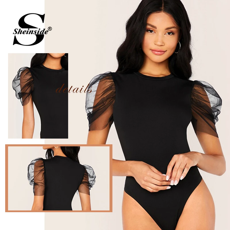 Sheinside черный контрастный сетчатый боди с пышными рукавами для женщин летние облегающие боди с коротким рукавом женский однотонный комбинезон