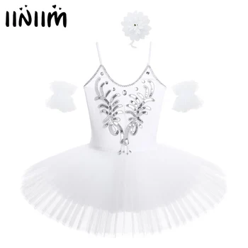 

Kids Girls Spaghetti Straps Rhinestone Sequins Beads Ballet Leotard Tutu Dress Swan Dance Costume with Arm Sleeves Hair Clip Set