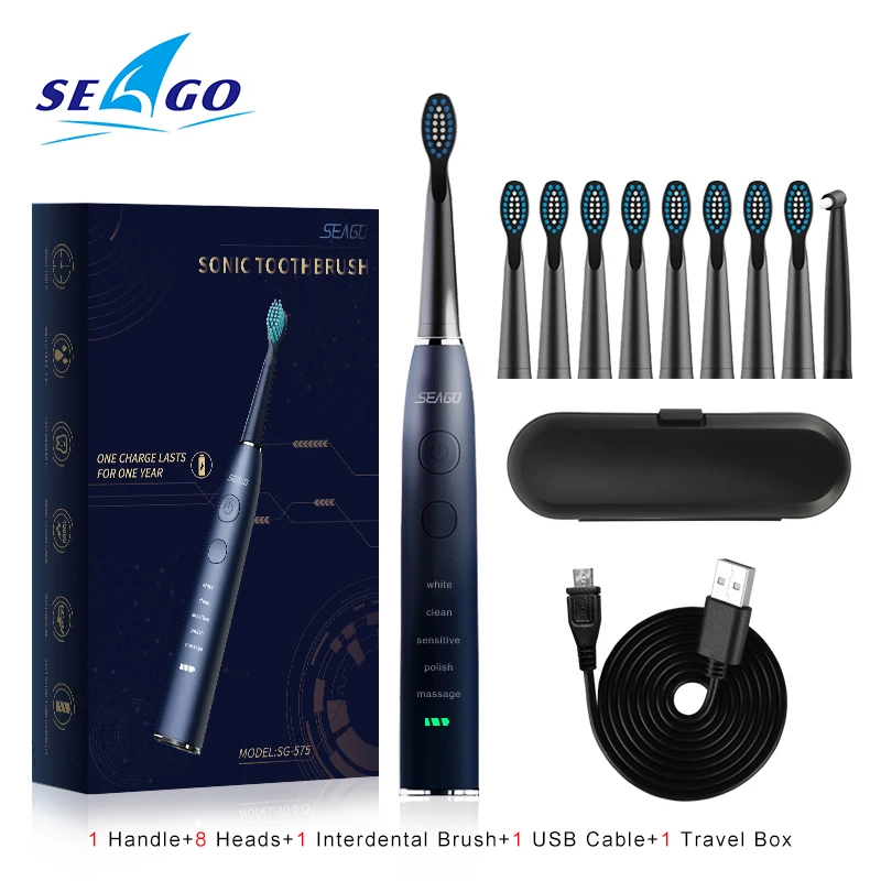 Seago Electric Toothbrush Adult USB Fast Charge Waterproof Rechargeable Sonic Automatic Tooth brush Replacement Heads SG-575