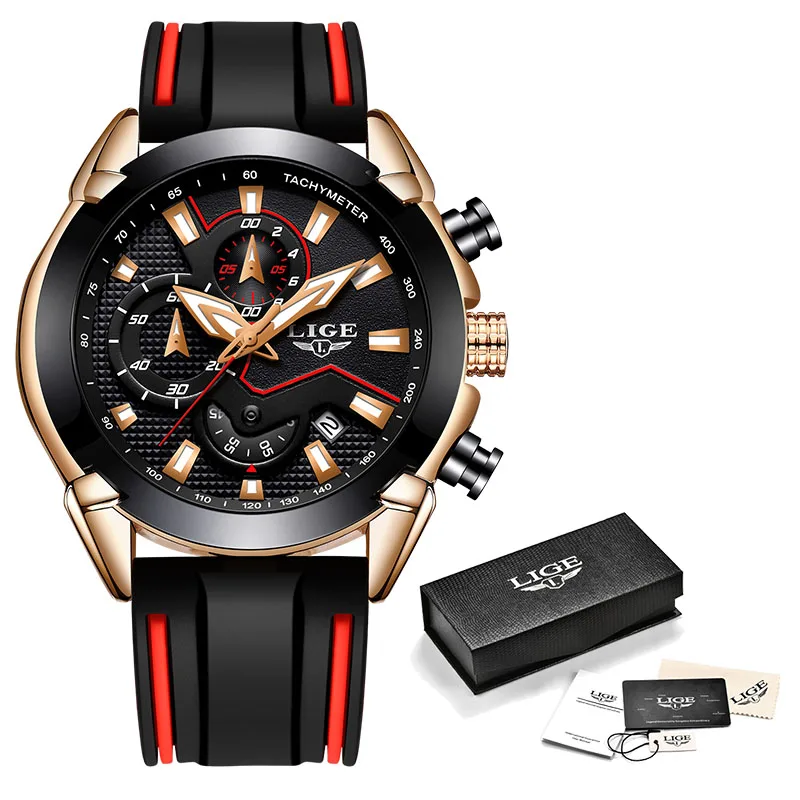 Rose gold black Часы lige мужские Топ люксовый бренд хронограф спортивные мужские часы военные кожаные кварцевые наручные часы Relogio Masculino+ коробка - Цвет: Rose gold black