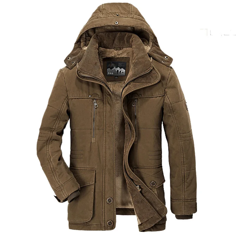 Зимняя мужская куртка, утолщенная, Вельветовая, с капюшоном, военная, с хлопковой подкладкой, мужская куртка, пальто, теплый флис, с мехом, парка, пальто размера плюс, 7XL - Цвет: 13029 Coffee