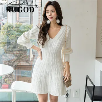 

RUGOD Spring Korean Knitted White Midi Dress Solid Full Sleeves Top For Women Knitwear Casual Ladies Dresses Woman Party Night
