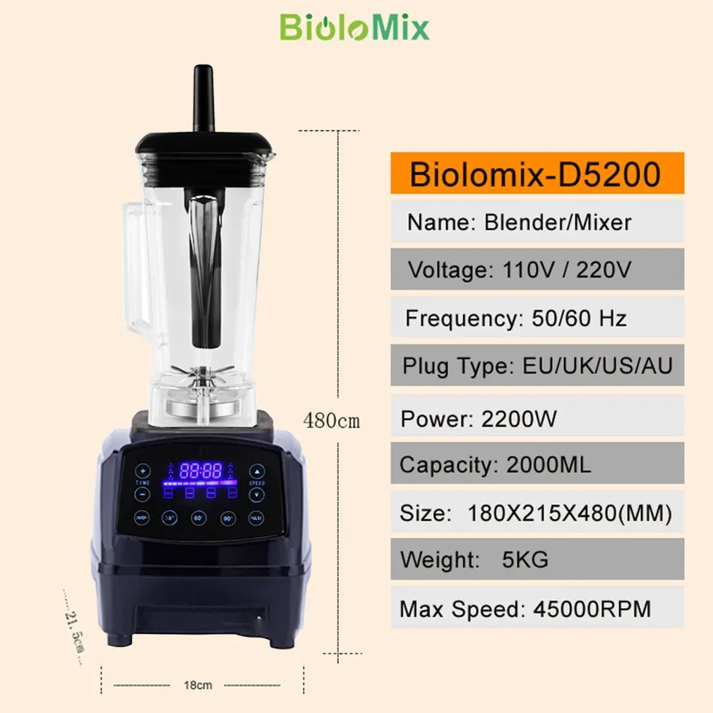 Сенсорный цифровой автоматический умный таймер 3HP BPA FREE 2L профессиональный блендер для смузи миксер соковыжималка кухонный фруктовый комбайн