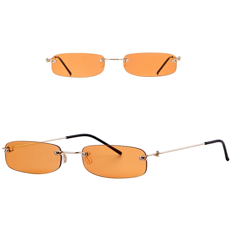 2 PCS Rimless Rectangle Sunglasses Men Women 90S Designer Tiny Narrow Frameless Tint Sun Glasses Shades-Golden, Frame Orange Sl