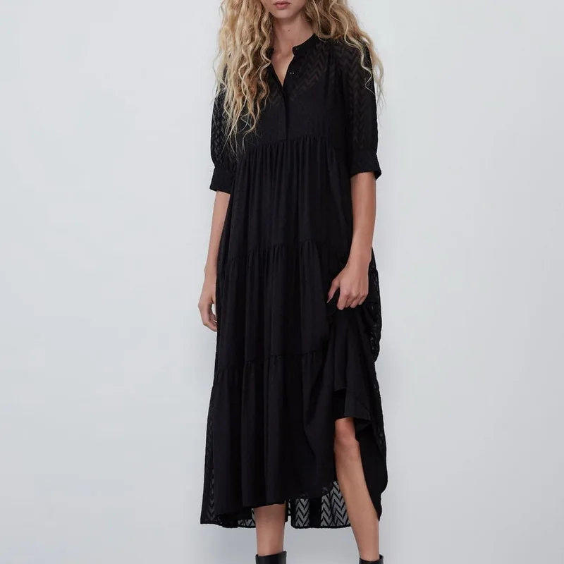 Женское черное шифоновое платье осень 2019 Новая мода длинный рукав Feminino Vestidos