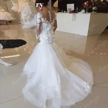 

Amaya Vintage Arabic Mermaid Flower Girl Dresses for Wedding Long Sleeves 3D Floral Flowers Lace Applique First Communion Gowns