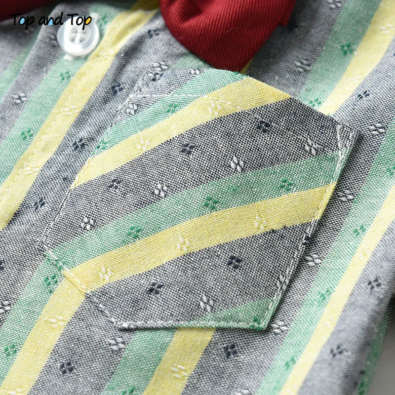 Топ и топ, детский комплект одежды джентльмена для мальчиков, рубашка в полоску с длинными рукавами и галстуком-бабочкой+ комбинезон, Детский Повседневный комплект одежды из 2 предметов