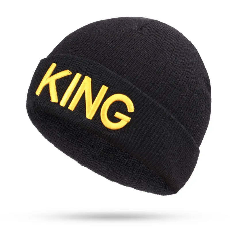 

KING QUEEN elastic knitted cap embroidered warmth gloves for autumn and winter