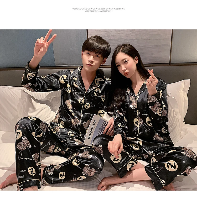 Fashion Sleepwear Silk Satin Pajamas Couple Set Long Button-Down Pyjamas Suit Pijama Women Men Loungewear Plus Size Pj Set M-5XL mens pajama bottoms