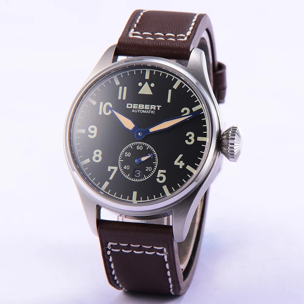 42 мм DEBERT с черным циферблатом сапфировое стекло Мужские часы с коричневыми заклепками кожаный ремешок Мужские автоматические часы