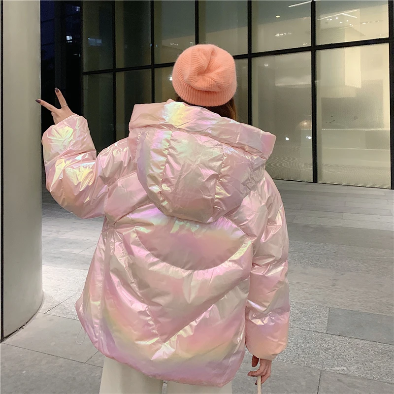 Harajuku цветная уличная Глянцевая зимняя куртка большого размера Женская Толстая стеганая верхняя одежда блестящая куртка с завязками хлопковые парки