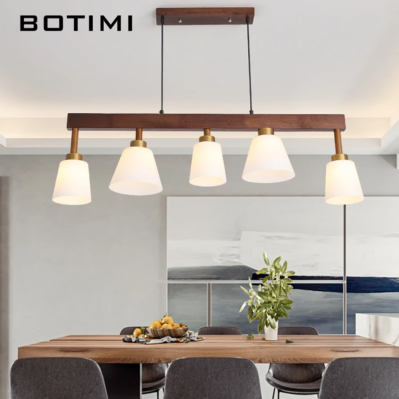

BOTIMI Modern Solid Wood LED Pendant Lights With Glass Lampshades For Dining Room Cord Wooden Kitchen Lighting Fixtures