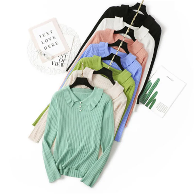 

2020 Fashion Beading Turn-down Collar Sweater Women Autumn Winter Solid Knitted Pullover Women Slim Soft Jumper Female Knit Tops