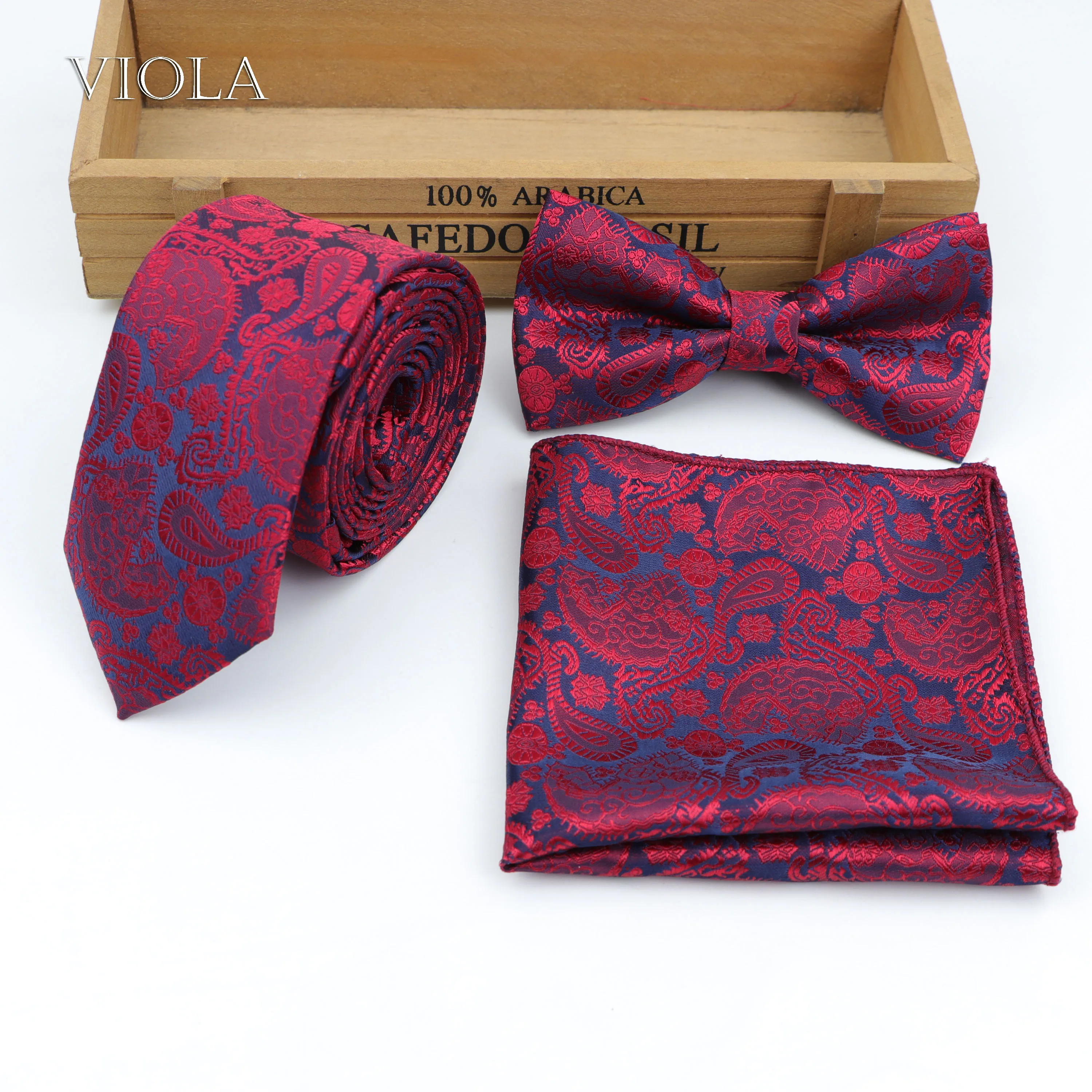 

3 PCS Tie Set Floral Burgundy Black 6cm Necktie Bowtie Handkerchief Jacquard Polyester Mens Suit Wedding Party Cravat Accessory