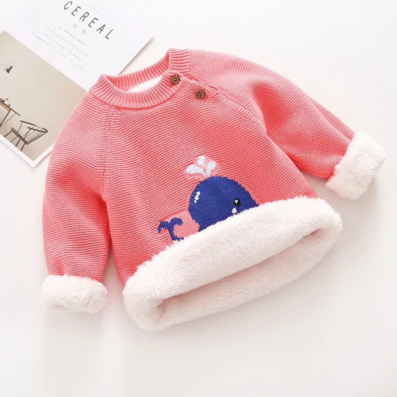 Dark Pink Whale Baby Warm Sweaters Baby Boys Girls Plus Velvet Thick Tops Infant Cartoon Whale Pattern Pullovers Toddler O-neck Knitting Sweater - Цвет: Dark Pink Whale