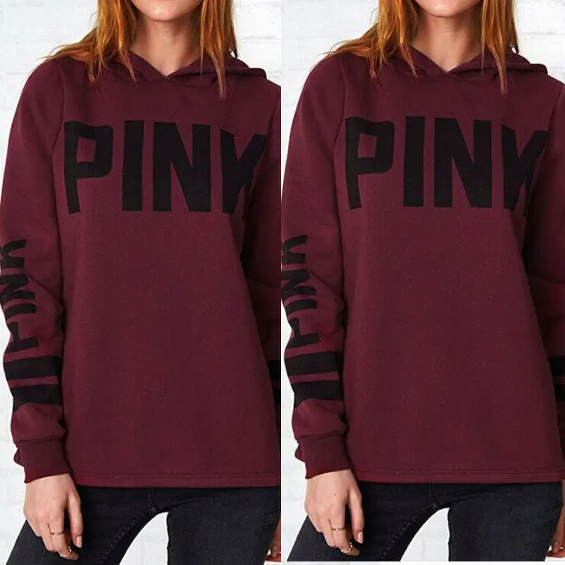  Women Long Sleeve Letter Pink Hoodie Pullover Sweatshirt Casual Loose Hooded Winter Tops