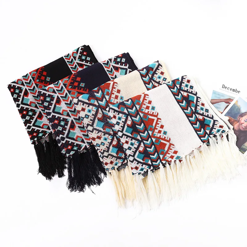 Винтажная Вязаная Шаль в национальном стиле, женская осенняя и зимняя теплая плотная накидка из искусственного кашемира, шарф Су-са-саше